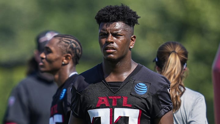Jul 27, 2023; Flowery Branch, GA, USA;  Atlanta Falcons safety Jaylinn Hawkins (32) on the field