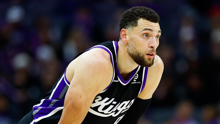 Jan 14, 2026; Sacramento, California, USA; Sacramento Kings guard Zach LaVine (8) looks on during the third quarter against the New York Knicks at Golden 1 Center.