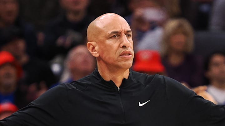 Dec 27, 2025; Sacramento, California, USA; Sacramento Kings head coach Doug Christie questions the call on the sideline during the fourth quarter against the Dallas Mavericks at Golden 1 Center. Mandatory Credit: Kelley L Cox-Imagn Images