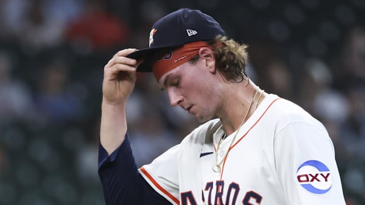 May 31, 2025; Houston, Texas, USA; Houston Astros relief pitcher Forrest Whitley (55) walks off the mound after pitching during the ninth inning against the Tampa Bay Rays at Daikin Park