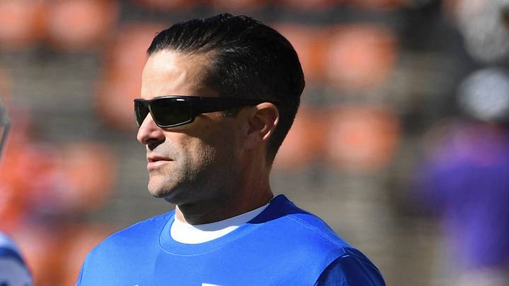 Duke Blue Devils head coach Manny Diaz high-fives players Saturday, Nov. 1, 2025, during the NCAA football game against the Clemson Tigers at Memorial Stadium in Clemson, South Carolina.