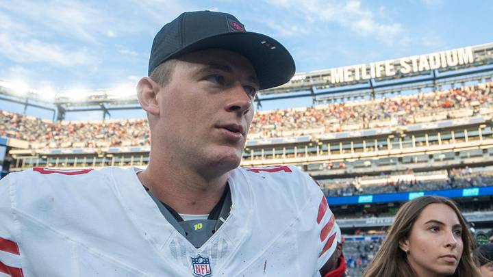 San Francisco 49ers quarterback Mac Jones (10) walks off the field after a week 9 game between New York Giants and San Francisco 49ers at MetLife Stadium on Sunday, Nov. 2, 2025.