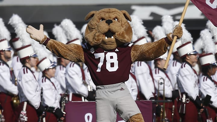 Mississippi State Bulldogs mascot Bully performs before the game against the Mississippi Rebels at Davis Wade Stadium at Scott Field.