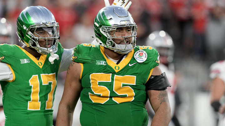 Jan 1, 2025; Pasadena, CA, USA; Oregon Ducks defensive lineman Derrick Harmon (55) reacts in the second half against the Ohio State Buckeyes in the 2025 Rose Bowl college football quarterfinal game at Rose Bowl Stadium. Mandatory Credit: Kirby Lee-Imagn Images