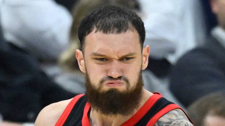 Toronto Raptors forward Sandro Mamukelashvili celebrates his three-point basket against the Cleveland Cavaliers. Toronto Raptors forward Sandro Mamukelashvili celebrates his three-point basket against the Cleveland Cavaliers.