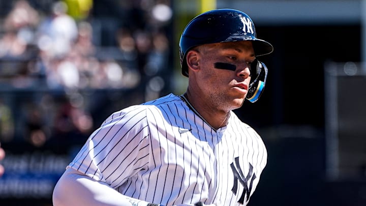New York Yankees right fielder Aaron Judge (99) bats a 2-run home run against Detroit Tigers during the third inning at George M. Steinbrenner Field in Tampa, Fla. on Saturday, Feb. 21, 2026. New York Yankees right fielder Aaron Judge (99) bats a 2-run home run against Detroit Tigers during the third inning at George M. Steinbrenner Field in Tampa, Fla. on Saturday, Feb. 21, 2026.