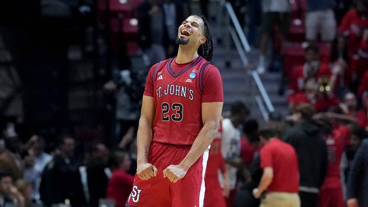 Mar 22, 2026; San Diego, CA, USA; St. John's Red Storm forward Bryce Hopkins (23) celebrates after defeating the Kansas Jayhawks during a second round game of the men's 2026 NCAA Tournament at Viejas Arena. Mandatory Credit: Kirby Lee-Imagn Images Mar 22, 2026; San Diego, CA, USA; St. John's Red Storm forward Bryce Hopkins (23) celebrates after defeating the Kansas Jayhawks during a second round game of the men's 2026 NCAA Tournament at Viejas Arena. Mandatory Credit: Kirby Lee-Imagn Images