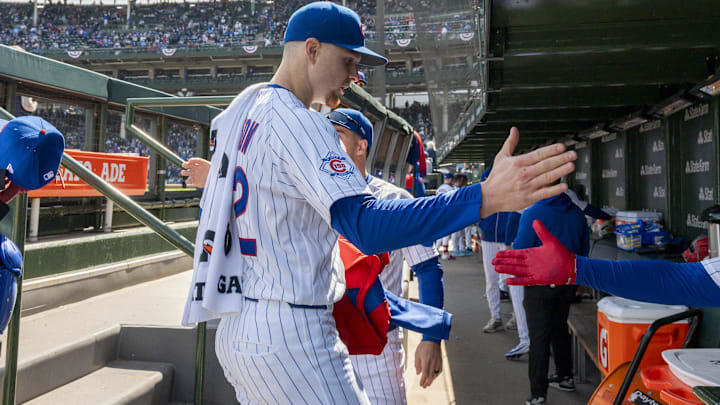 Mar 28, 2026; Chicago, Illinois, USA; Chicago Cubs pitcher Cade Horton (22) high fives teammates prior to a game againnst the Washington Nationals at Wrigley Field. Mandatory Credit: Patrick Gorski-Imagn Images