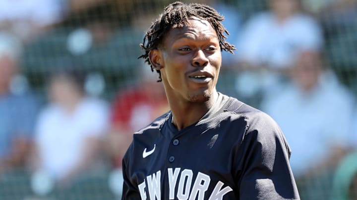 Mar 11, 2025; Bradenton, Florida, USA;  New York Yankees third base Jazz Chisholm Jr. (13) smiles during the fifth inning against the Pittsburgh Pirates at LECOM Park