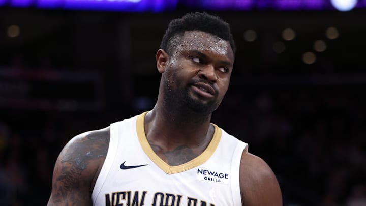 Mar 2, 2025; Salt Lake City, Utah, USA; New Orleans Pelicans forward Zion Williamson (1) reacts to a play against the Utah Jazz during the second half at Delta Center. Mandatory Credit: Rob Gray-Imagn Images Mar 2, 2025; Salt Lake City, Utah, USA; New Orleans Pelicans forward Zion Williamson (1) reacts to a play against the Utah Jazz during the second half at Delta Center. Mandatory Credit: Rob Gray-Imagn Images