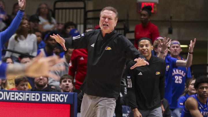 Jan 10, 2026; Morgantown, West Virginia, USA; Kansas Jayhawks head coach Bill Self yells from the sideline during the second half against the West Virginia Mountaineers at Hope Coliseum. Mandatory Credit: Ben Queen-Imagn Images