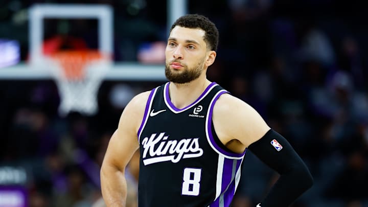 Jan 20, 2026; Sacramento, California, USA; Sacramento Kings guard Zach LaVine (8) looks on against the Miami Heat during the third quarter at Golden 1 Center.