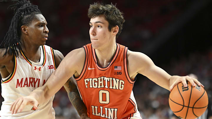 Illinois Fighting Illini forward David Mirkovic (0) drives against Maryland at the Xfinity Center.
