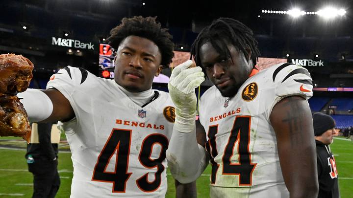 Nov 27, 2025; Baltimore, Maryland, USA; Cincinnati Bengals linebacker Barrett Carter (49) reacts after the game at M&T Bank Stadium. Mandatory Credit: Tommy Gilligan-Imagn Images