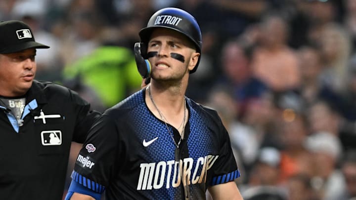 Aug 16, 2024; Detroit, Michigan, USA;  Detroit Tigers third baseman Jace Jung (17) walks away from home plate after striking out looking against the New York Yankees in the sixth inning at Comerica Park.
