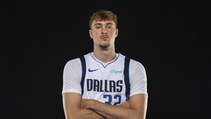Sep 29, 2025; Dallas, TX, USA; Dallas Mavericks forward Cooper Flagg (32) poses for a photo during the Mavericks 2025 media day at the American Airlines Center. Mandatory Credit: Jerome Miron-Imagn Images