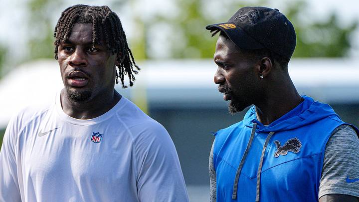 Detroit Lions safety Kerby Joseph (31), right, talks to linebacker Damone Clark (11) after practice Detroit Lions safety Kerby Joseph (31), right, talks to linebacker Damone Clark (11) after practice