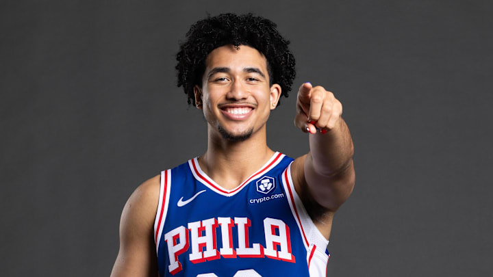 Sep 30, 2024; Camden, NJ, USA; Philadelphia 76ers guard Jared McCain (20) poses for a photo on media day at the Philadelphia 76ers Training Complex. Mandatory Credit: Bill Streicher-Imagn Images
