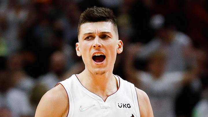 Miami Heat guard Tyler Herro (14) reacts after scoring in the third quarter against the Philadelphia 76ers during game one of the second round of the 2022 NBA playoffs at FTX Arena on May 2, 2022.