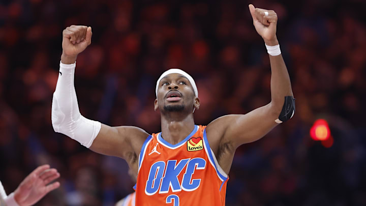 Nov 26, 2025; Oklahoma City, Oklahoma, USA; Oklahoma City Thunder guard Shai Gilgeous-Alexander (2) celebrates after scoring against the Minnesota Timberwolves during the second half at Paycom Center. Mandatory Credit: Alonzo Adams-Imagn Images Nov 26, 2025; Oklahoma City, Oklahoma, USA; Oklahoma City Thunder guard Shai Gilgeous-Alexander (2) celebrates after scoring against the Minnesota Timberwolves during the second half at Paycom Center. Mandatory Credit: Alonzo Adams-Imagn Images