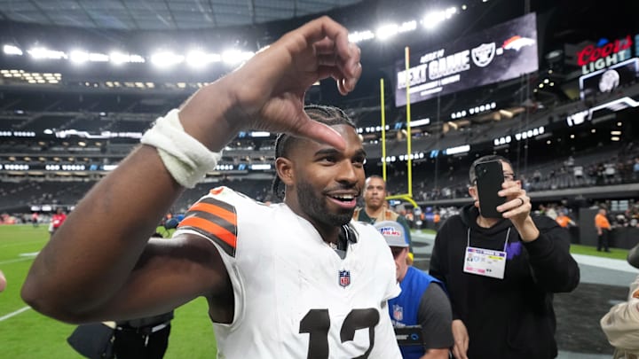 Cleveland Browns quarterback Shedeur Sanders (12) reacts at the end of the game against the Las Vegas Raiders 