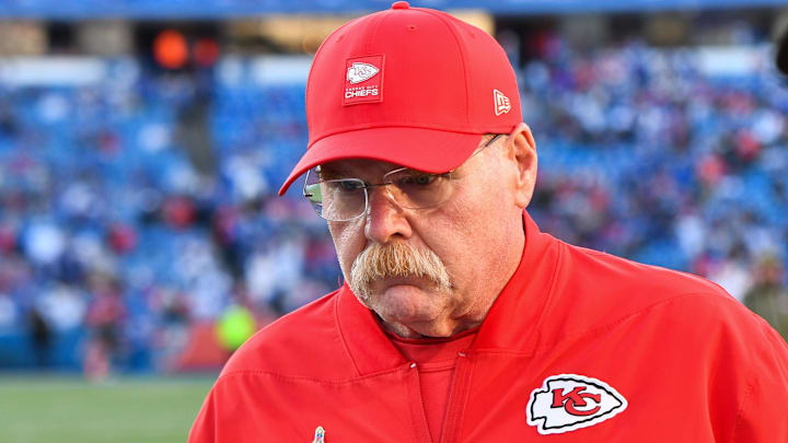 Nov 2, 2025; Orchard Park, New York, USA; Kansas City Chiefs head coach Andy Reid walks the sideline before the game against the Buffalo Bills at Highmark Stadium.