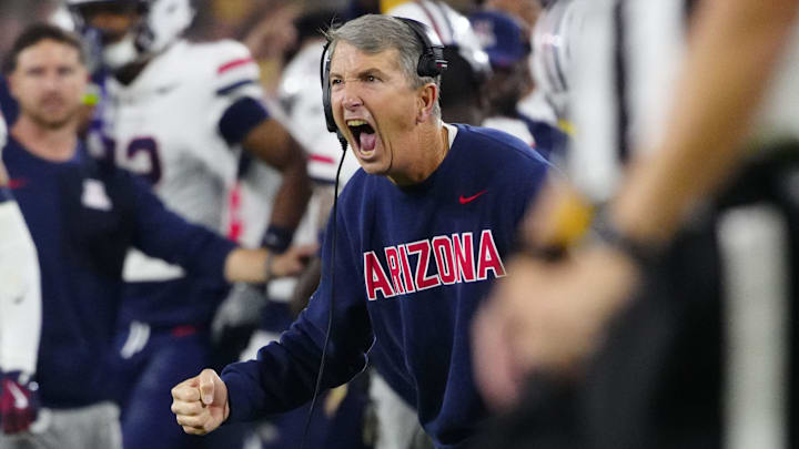 Arizona head coach Brent Brennan celebrates during a game against Arizona State at Mountain America Stadium in Tempe on Nov. 28, 2025.