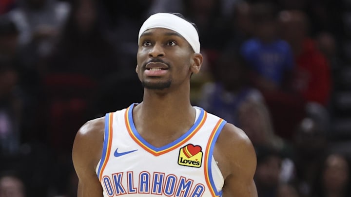 Jan 15, 2026; Houston, Texas, USA; Oklahoma City Thunder guard Shai Gilgeous-Alexander (2) reacts after a play during the third quarter against the Houston Rockets at Toyota Center. Mandatory Credit: Troy Taormina-Imagn Images