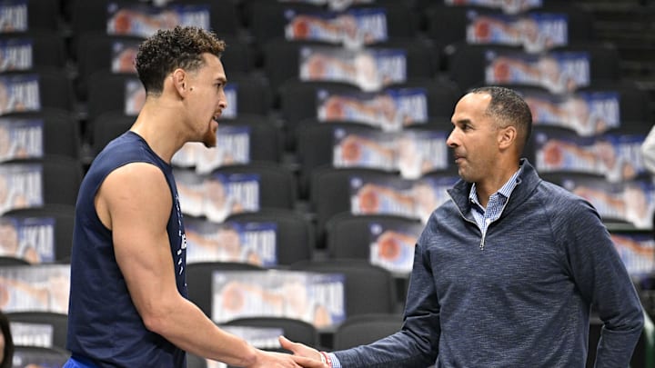 Nov 3, 2024; Dallas, Texas, USA; Dallas Mavericks center Dwight Powell (left) speaks with Mavericks general manager Nico Harrison (right) before the game between the Dallas Mavericks and the Orlando Magic at American Airlines Center. Mandatory Credit: Jerome Miron-Imagn Images Nov 3, 2024; Dallas, Texas, USA; Dallas Mavericks center Dwight Powell (left) speaks with Mavericks general manager Nico Harrison (right) before the game between the Dallas Mavericks and the Orlando Magic at American Airlines Center. Mandatory Credit: Jerome Miron-Imagn Images