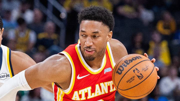 Oct 10, 2026; Indianapolis, Indiana, USA;  Atlanta Hawks guard Aaron Wiggins (2) dribbles the ball while Indiana Pacers guard Ben Sheppard (26) defends in the second half at Gainbridge Fieldhouse.  Mandatory Credit: Trevor Ruszkowski-Imagn Images