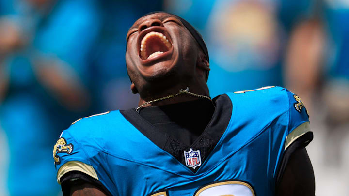 Jacksonville Jaguars wide receiver Travis Hunter (12) yells as his is introduced before an NFL football matchup at EverBank Stadium, Sunday, Sept. 21, 2025, in Jacksonville, Fla. The Jaguars defeated the Texans 17-10. Jacksonville Jaguars wide receiver Travis Hunter (12) yells as his is introduced before an NFL football matchup at EverBank Stadium, Sunday, Sept. 21, 2025, in Jacksonville, Fla. The Jaguars defeated the Texans 17-10.