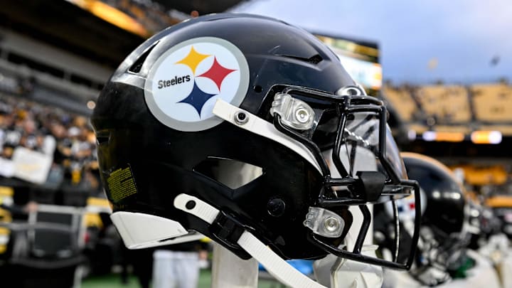 Nov 2, 2025; Pittsburgh, Pennsylvania, USA;  A Pittsburgh Steelers helmet sits on the sideline following a game against the Indianapolis Colts at Acrisure Stadium. Mandatory Credit: Barry Reeger-Imagn Images