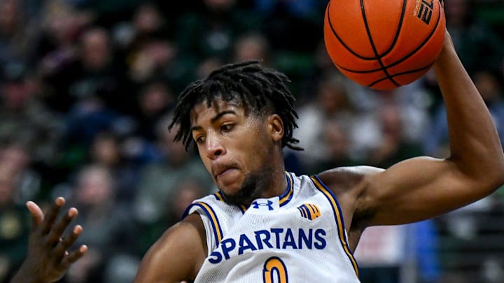 Michigan State's Kur Teng, left, pressures San Jose State's Colby Garland during the second half on Thursday, Nov. 13, 2025, at the Breslin Center in East Lansing.