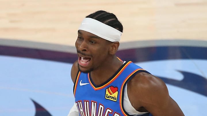 Apr 26, 2025; Memphis, Tennessee, USA; Oklahoma City Thunder guard Shai Gilgeous-Alexander (2) reacts during the first quarter against the Memphis Grizzlies during game four for the first round of the 2024 NBA Playoffs at FedExForum. Mandatory Credit: Petre Thomas-Imagn Images