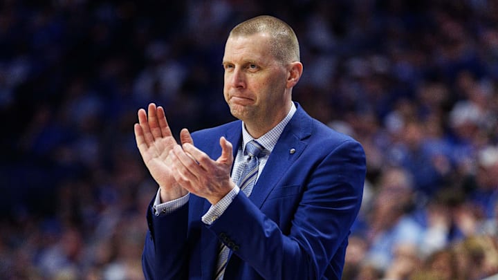 Mar 7, 2026; Lexington, Kentucky, USA; Kentucky Wildcats head coach Mark Pope claps during the first half against the Florida Gators at Rupp Arena at Central Bank Center. Mandatory Credit: Jordan Prather-Imagn Images