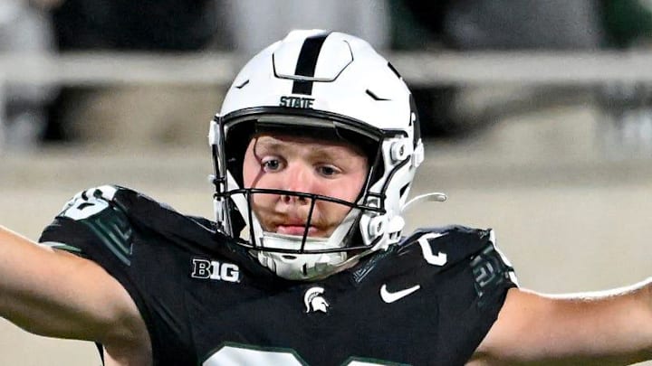 Michigan State's Ryan Eckley, right, celebrates a deep punt with teammate Darius Snow during the fourth quarter in the game against Boston College on Saturday, Sept. 6, 2025, at Spartan Stadium in East Lansing. Michigan State's Ryan Eckley, right, celebrates a deep punt with teammate Darius Snow during the fourth quarter in the game against Boston College on Saturday, Sept. 6, 2025, at Spartan Stadium in East Lansing.