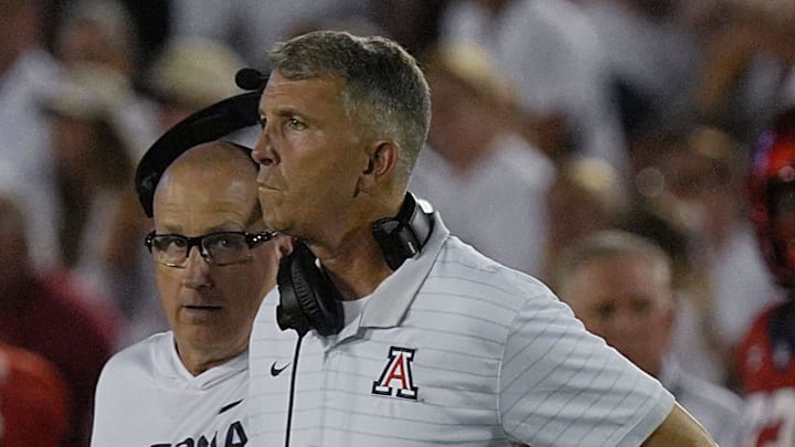 Arizona wildcats’ head coach Brent Brennan watches the game from the side line during the fourth quarter against Iowa State in the Big-12 conference showdown on Sept. 27, 2025, at Jack Trice Stadium in Ames, Iowa.