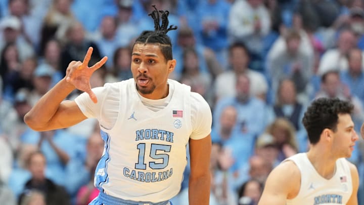 Feb 14, 2026; Chapel Hill, North Carolina, USA; North Carolina Tar Heels forward Jarin Stevenson (15) reacts after making a three point shot in the first half at Dean E. Smith Center. Mandatory Credit: Bob Donnan-Imagn Images