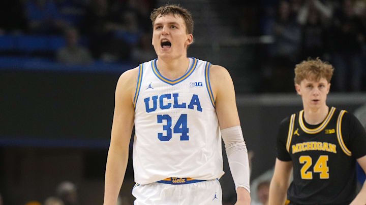 Jan 7, 2025; Los Angeles, California, USA; UCLA Bruins forward Tyler Bilodeau (34) reacts against the Michigan Wolverines in the second half at Pauley Pavilion presented by Wescom. Mandatory Credit: Kirby Lee-Imagn Images