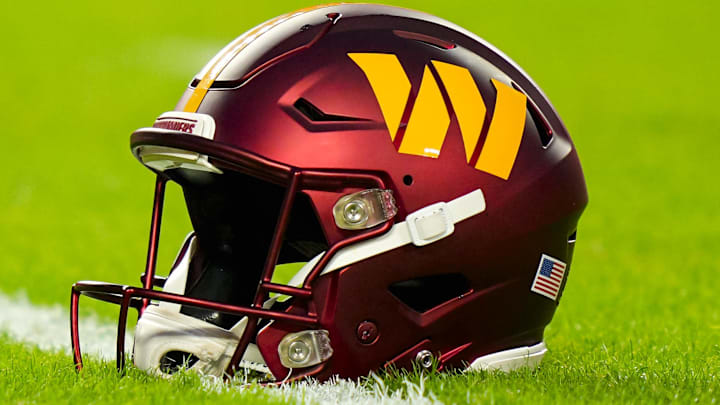 Oct 27, 2025; Kansas City, Missouri, USA; A general view of a Washington Commanders helmet on the field prior to a game against the Kansas City Chiefs at GEHA Field at Arrowhead Stadium. Mandatory Credit: Jay Biggerstaff-Imagn Images
