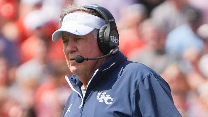 University of North Carolina Head Coach Bill Belichick during the first quarter at Memorial Stadium in Clemson, S.C. Saturday, September 19, 2026. University of North Carolina Head Coach Bill Belichick during the first quarter at Memorial Stadium in Clemson, S.C. Saturday, September 19, 2026.