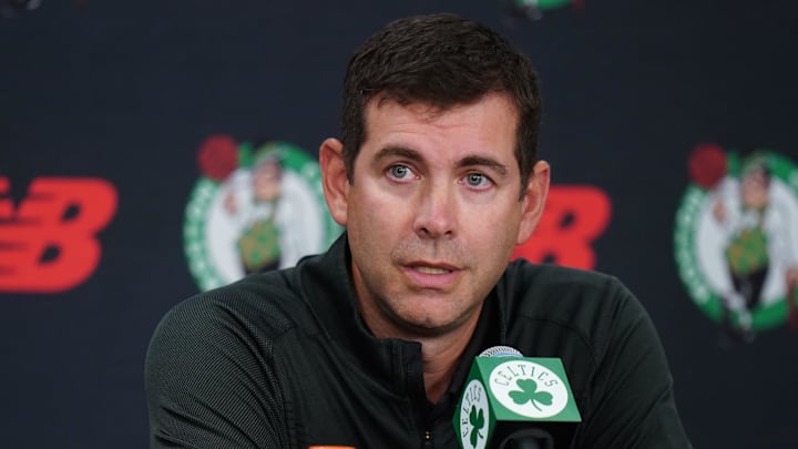 Sep 29, 2025; Boston, MA, USA; Boston Celtics president of basketball operations Brad Stevens talks to reporters during media day at the Auerbach Center. Mandatory Credit: David Butler II-Imagn Images