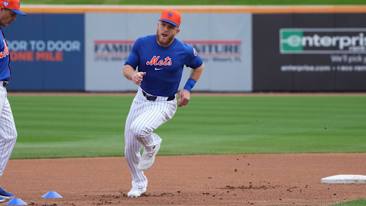 Feb 19, 2024; Port St. Lucie, FL, USA; New York Mets Harrison Bader (44) does base running drills