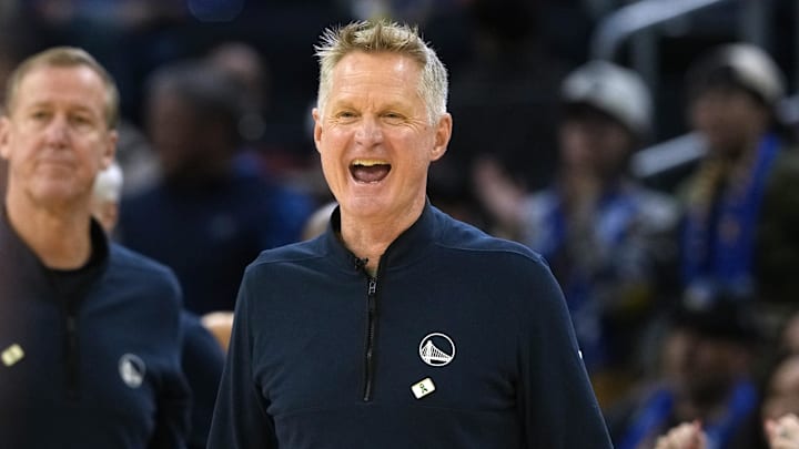 Dec 25, 2025; San Francisco, California, USA; Golden State Warriors head coach Steve Kerr reacts during the fourth quarter against the Dallas Mavericks at Chase Center. Mandatory Credit: Darren Yamashita-Imagn Images
