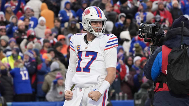 Nov 16, 2025; Orchard Park, New York, USA; Buffalo Bills quarterback Josh Allen (17) celebrates a touchdown against the Tampa Bay Buccaneers.