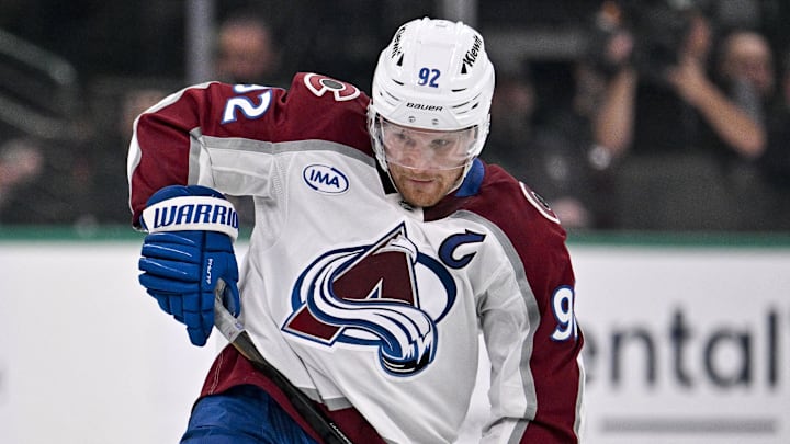Mar 6, 2026; Dallas, Texas, USA; Colorado Avalanche left wing Gabriel Landeskog (92) skates against the Dallas Stars during the game between the Stars and the Avalanche at American Airlines Center. Mandatory Credit: Jerome Miron-Imagn Images