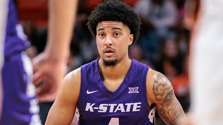 P.J. Haggerty (4) of the Kansas State Wildcats sets the play during the second half against the Oklahoma State Cowboys at Gallagher-Iba Arena. 