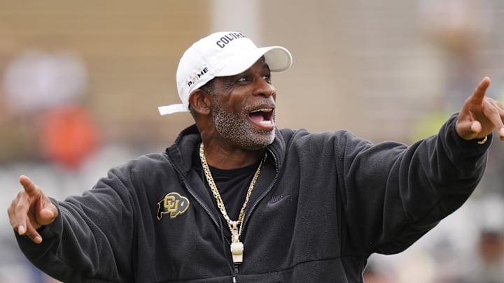 Oct 11, 2025; Boulder, Colorado, USA; Colorado Buffaloes head coach Deion Sanders before the game against the Iowa State Cyclones at Folsom Field. 