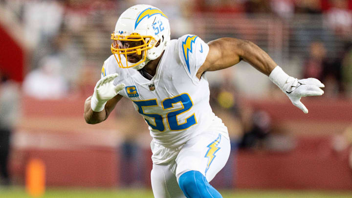 November 13, 2022; Santa Clara, California, USA; Los Angeles Chargers linebacker Khalil Mack (52) during the second quarter against the San Francisco 49ers at Levi's Stadium. Mandatory Credit: Kyle Terada-Imagn Images November 13, 2022; Santa Clara, California, USA; Los Angeles Chargers linebacker Khalil Mack (52) during the second quarter against the San Francisco 49ers at Levi's Stadium. Mandatory Credit: Kyle Terada-Imagn Images