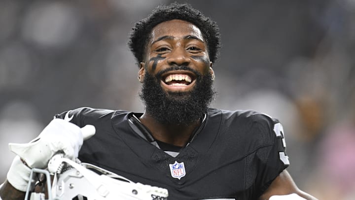 Aug 17, 2024; Paradise, Nevada, USA;  Las Vegas Raiders cornerback Nate Hobbs (39) dances during warmup against the Dallas Cowboys at Allegiant Stadium. Mandatory Credit: Candice Ward-Imagn Images